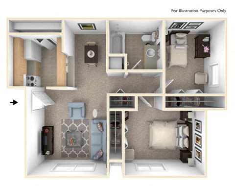 Modified Two Bedroom Floor Plan at West Wind Apartments, Indiana